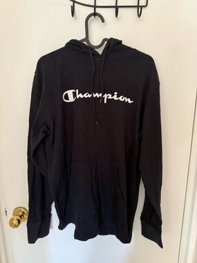 Champion Black Hoodie with White Script Logo